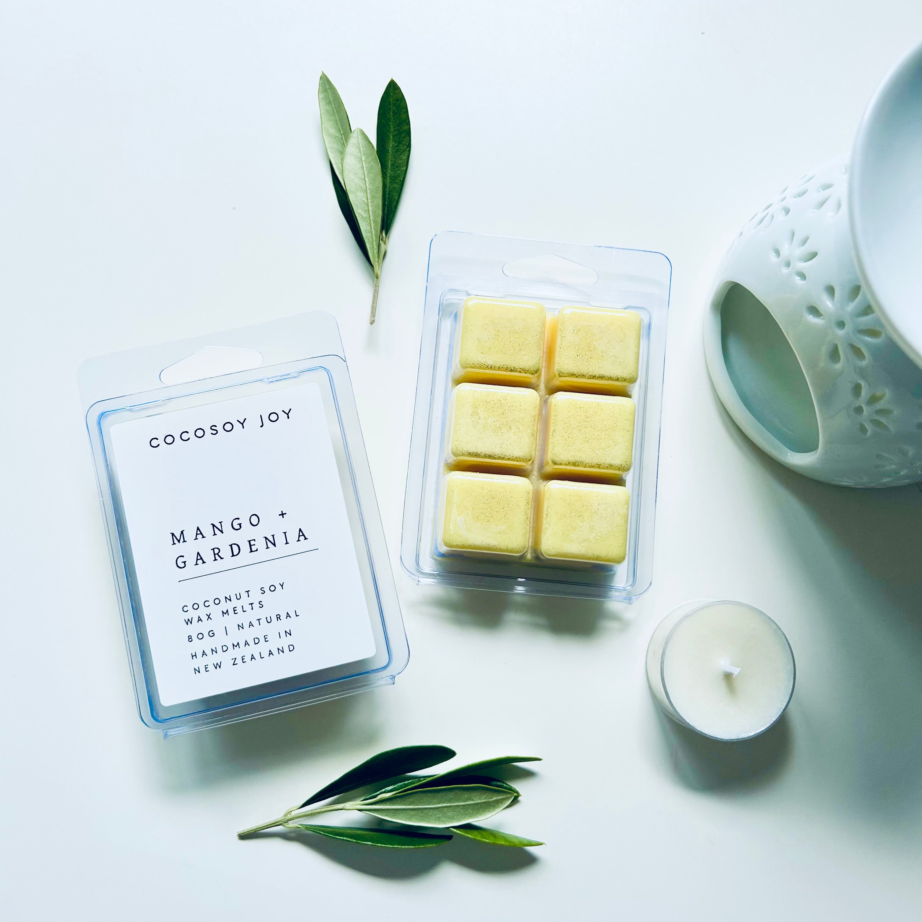 Mango and Gardenia Coconut Soy wax melts. Made from natural coconut and soy waxes and high-quality fragrance oils. Vegan, paraffin-free, and phthalate-free. A safer and cleaner way to make your home beautifully fragrant. Handmade in New Zealand. Available at Cocosoy Joy NZ.