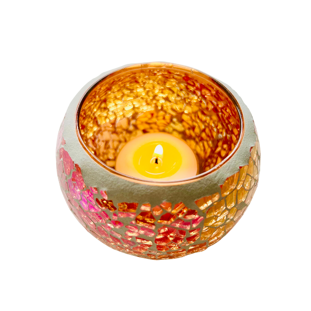 Handcrafted amber mosaic tealight candle holder with shimmering glass tiles that reflect soft candlelight, creating a cozy, calming ambience for home décor. Available at Cocosoy Joy New Zealand.