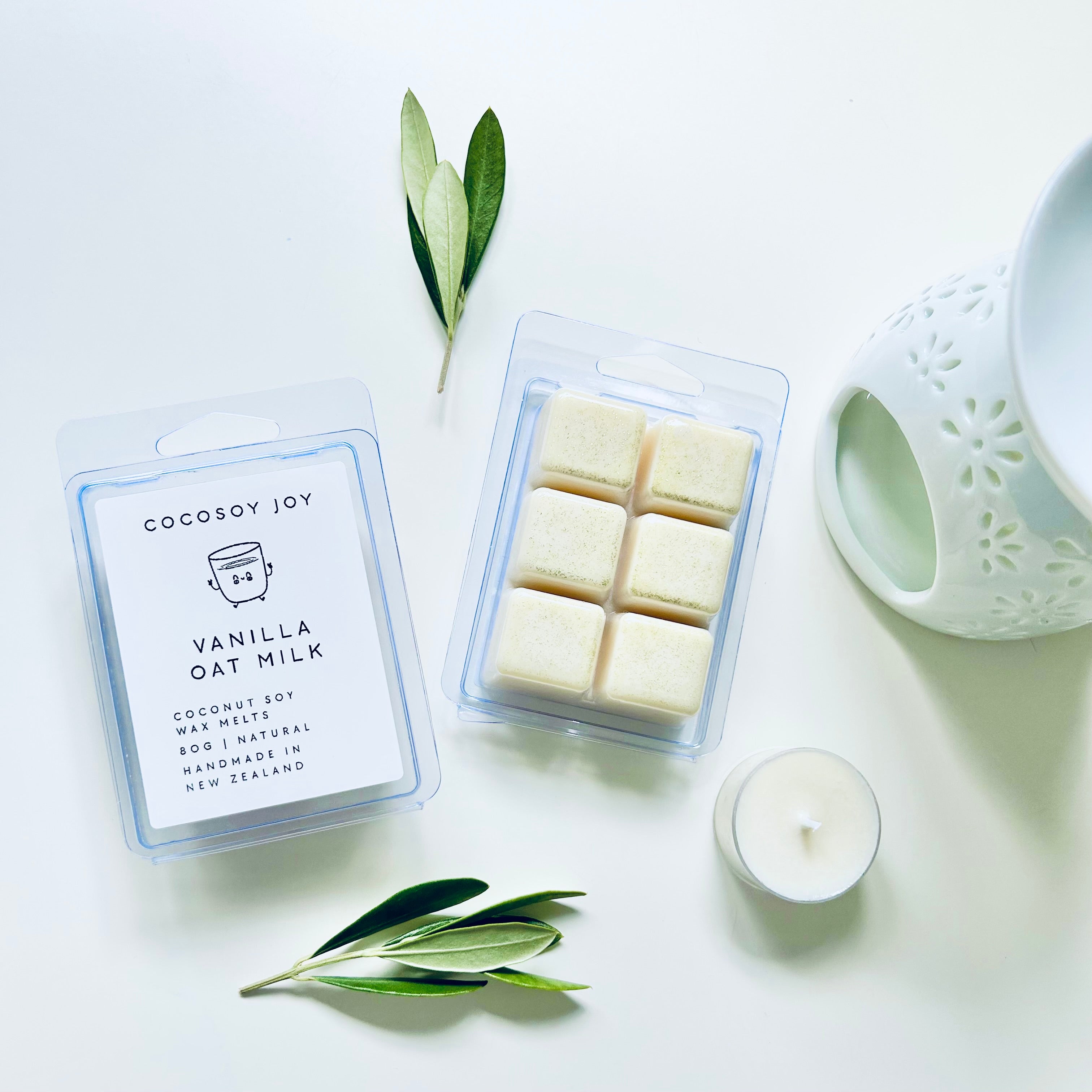 Vanilla Oat Milk Coconut Soy wax melts. Made from natural coconut and soy waxes and high-quality fragrance oils. Vegan, natural, paraffin-free, and phthalate-free. A safer and cleaner way to make your home beautifully fragrant. Handmade in New Zealand. Available at Cocosoy Joy NZ.