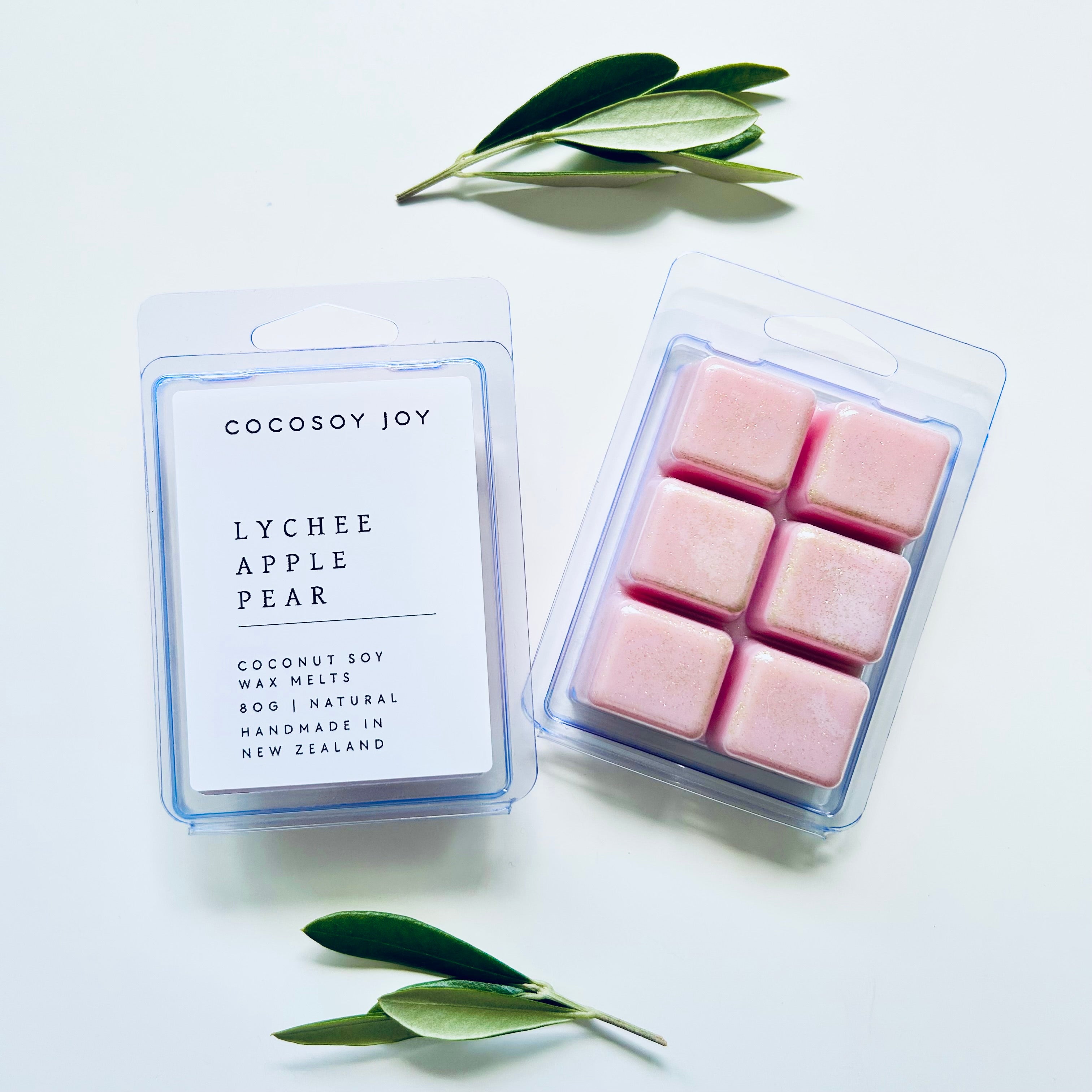 Lychee apple pear coconut soy wax melts. Made from natural, plant-based, and paraffin-free coconut and soy waxes. Safer and cleaner home fragrance. Handmade in New Zealand. Available at Cocosoy Joy NZ. Perfect for gifts or everyday home fragrance. 