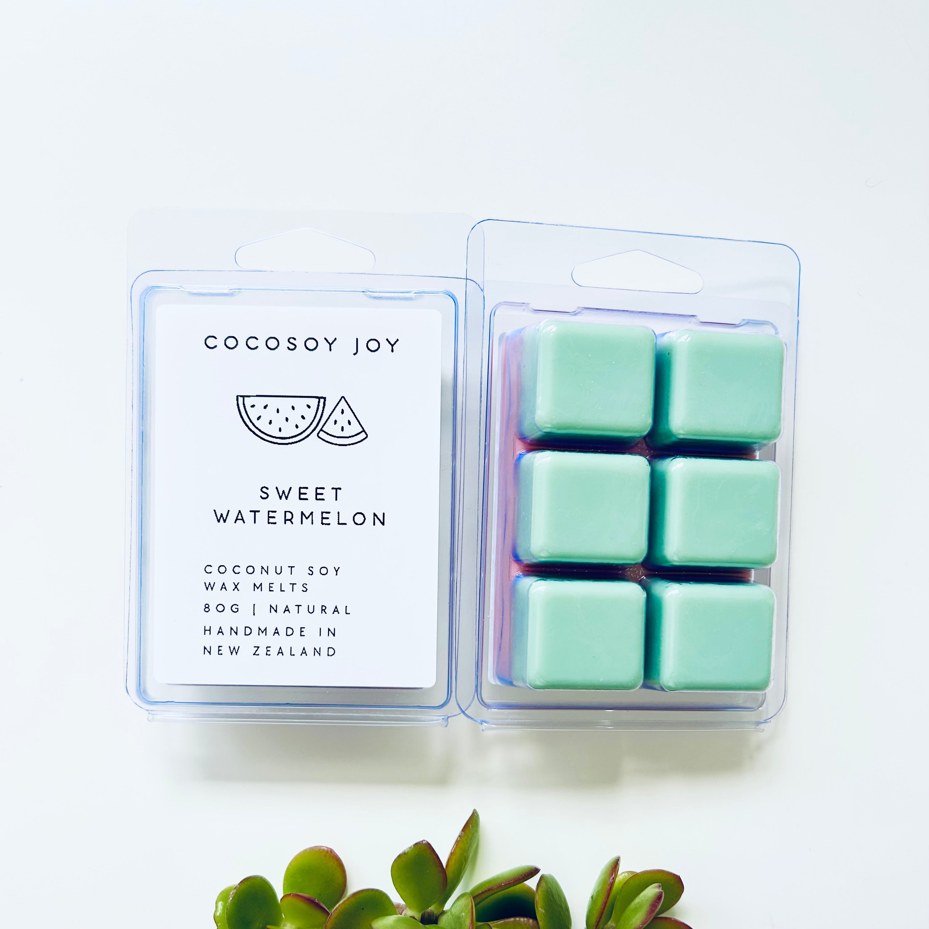 Sweet Watermelon Coconut Soy Wax Melts. Made from natural coconut and soy waxes - vegan, plant-based, and paraffin-free. Safer and cleaner home fragrance. Handmade in New Zealand. Available at Cocosoy Joy NZ.