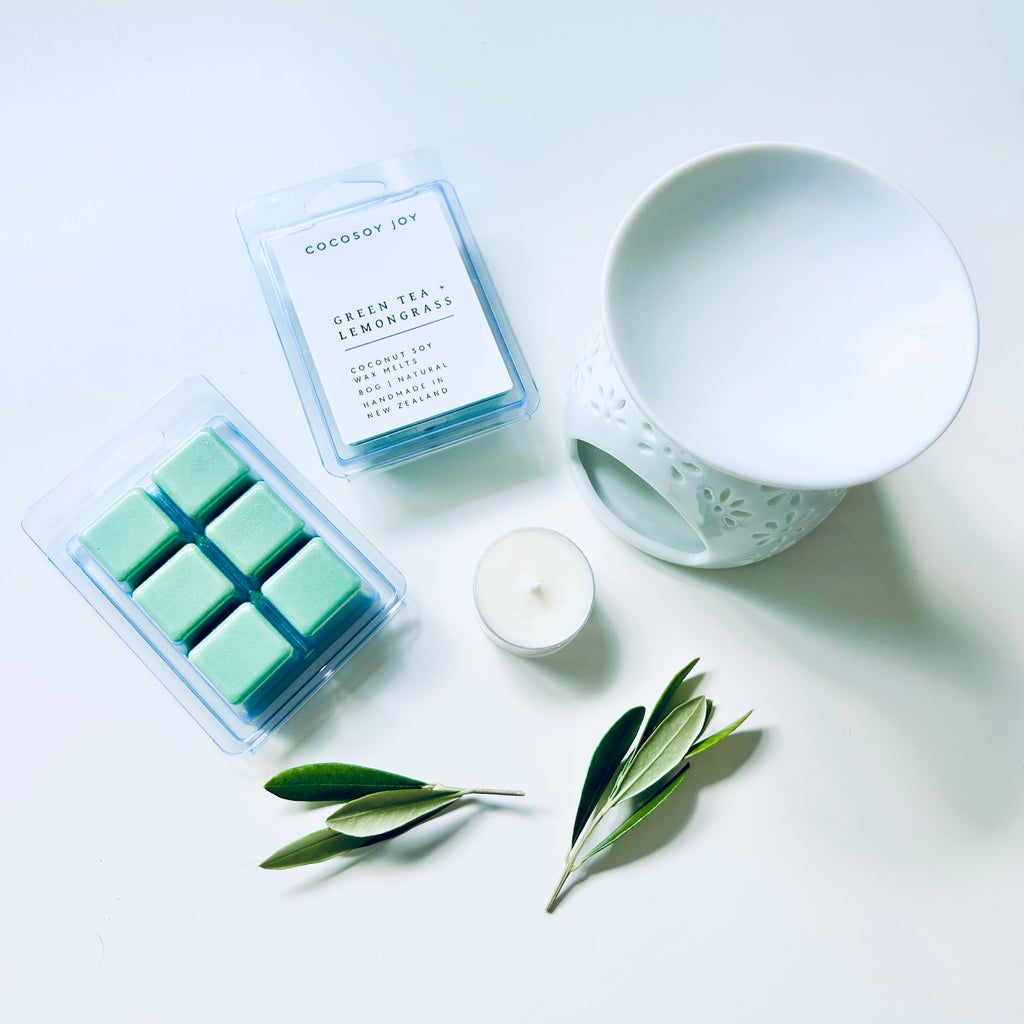 Green Tea and Lemongrass Coconut Soy wax melts. Made from natural coconut and soy waxes and high-quality fragrance oils. Vegan, paraffin-free, and phthalate-free. A safer and cleaner way to make your home beautifully fragrant. Handmade in New Zealand. Available at Cocosoy Joy NZ.