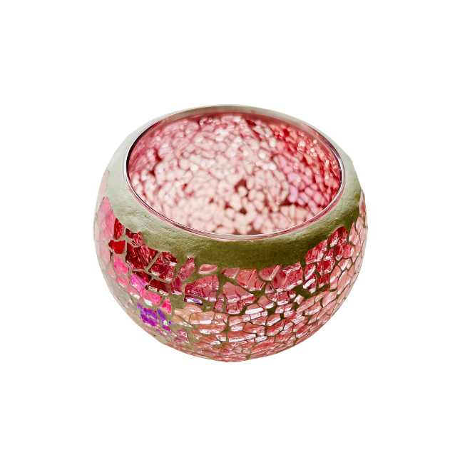 Handcrafted pink and silver mosaic tealight candle holder with shimmering glass tiles that reflect soft candlelight, creating a cozy, calming ambience for home décor. Available at Cocosoy Joy New Zealand.