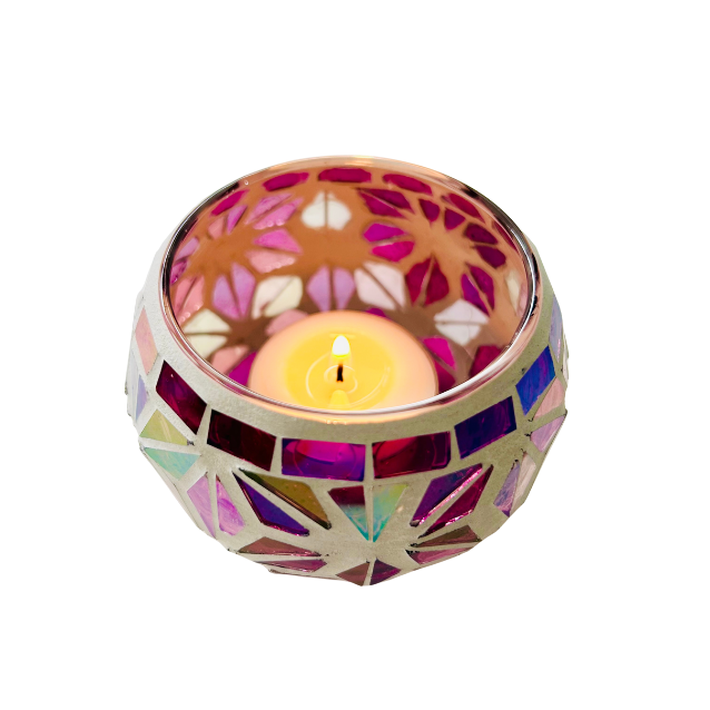 Handcrafted flower mosaic tealight candle holder with shimmering glass tiles that reflect soft candlelight, creating a cozy, calming ambience for home décor. Available at Cocosoy Joy New Zealand.