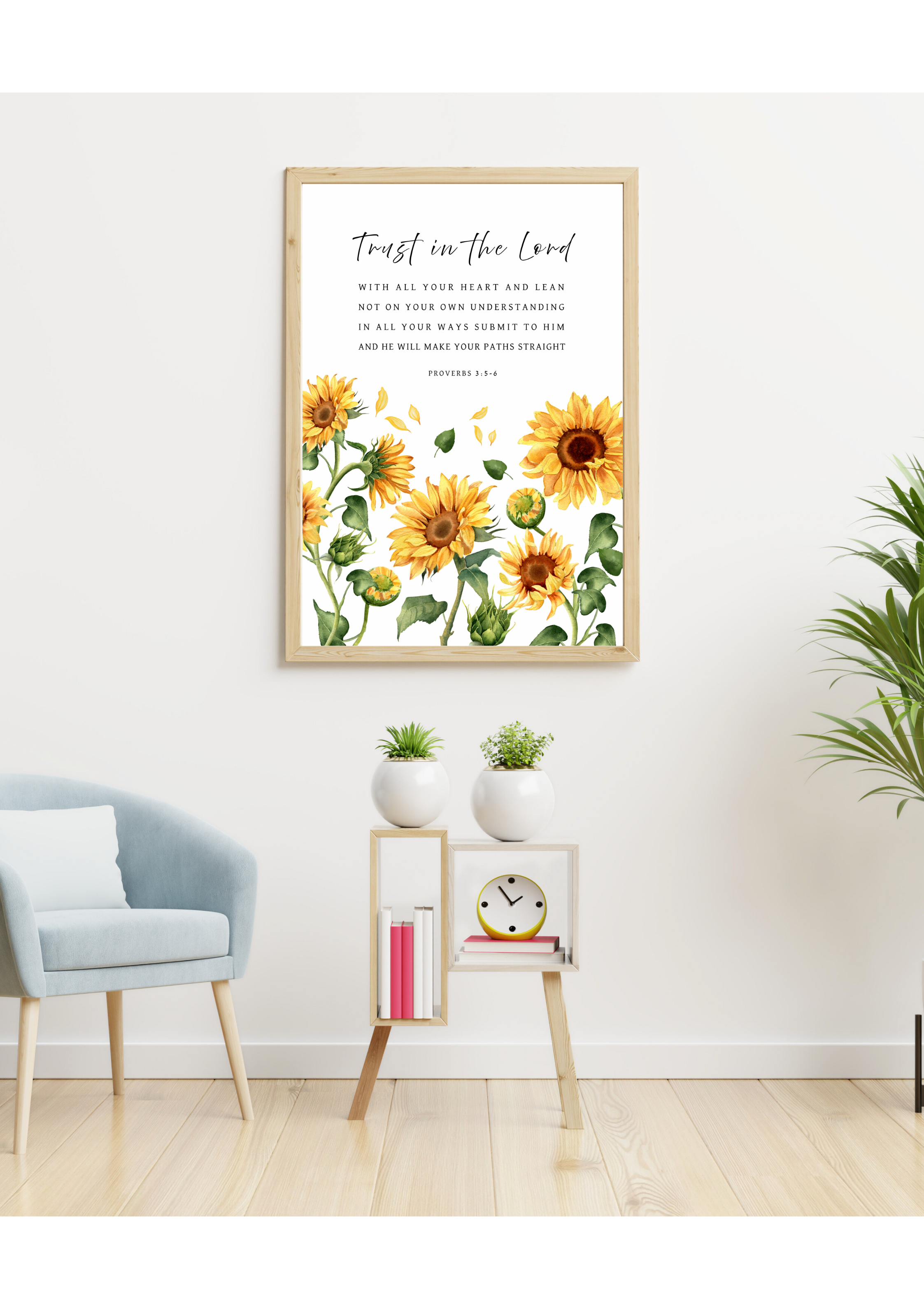 Beautiful Christian artwork in bright sunflower design with Proverbs 3:5-6 text, "Trust in the LORD with all your heart and lean not on your own understanding; in all your ways submit to Him, and He will make your paths straight". Made and printed in New Zealand. Available at Cocosoy Joy NZ. Perfect gift and home decor.