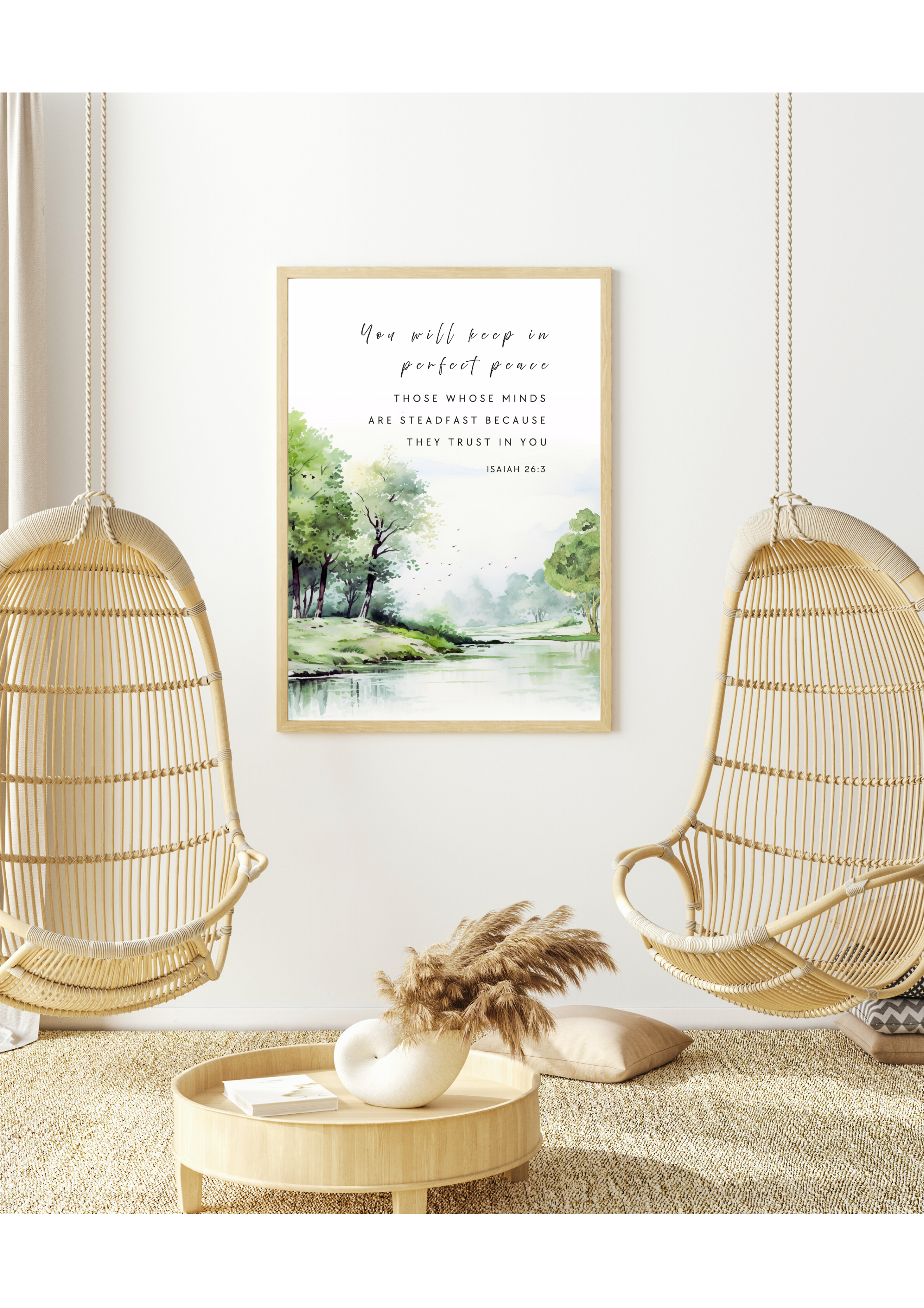 Christian giclee wall art print featuring a peaceful landscape with trees and a river, and the Isaiah 26:3 quote, "You will keep in perfect peace those whose minds are steadfast because they trust in You'. Exclusively made and printed by Cocosoy Joy New Zealand.