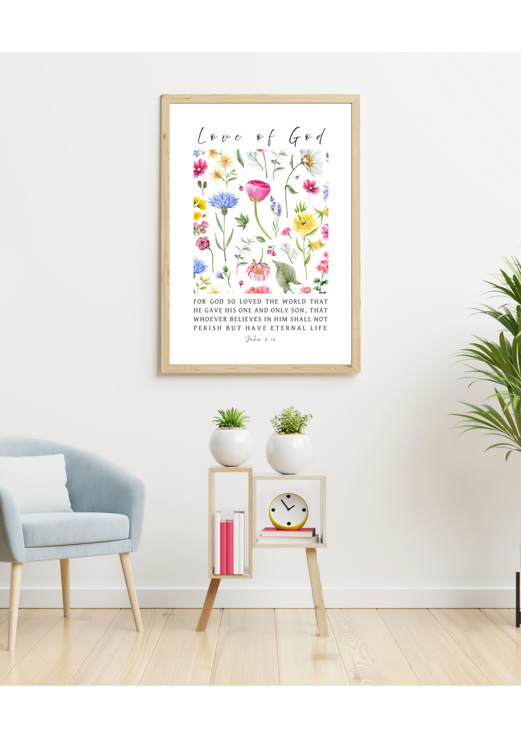 Christian giclee wall art print in beautiful botanical design of colourful wildflowers with the beloved John 3:16 verse, "For GOD so loved the world that He gave His one and only Son, that whoever believes in Him shall not perish but have eternal life". Made and printed in New Zealand. Available at Cocosoy Joy NZ.