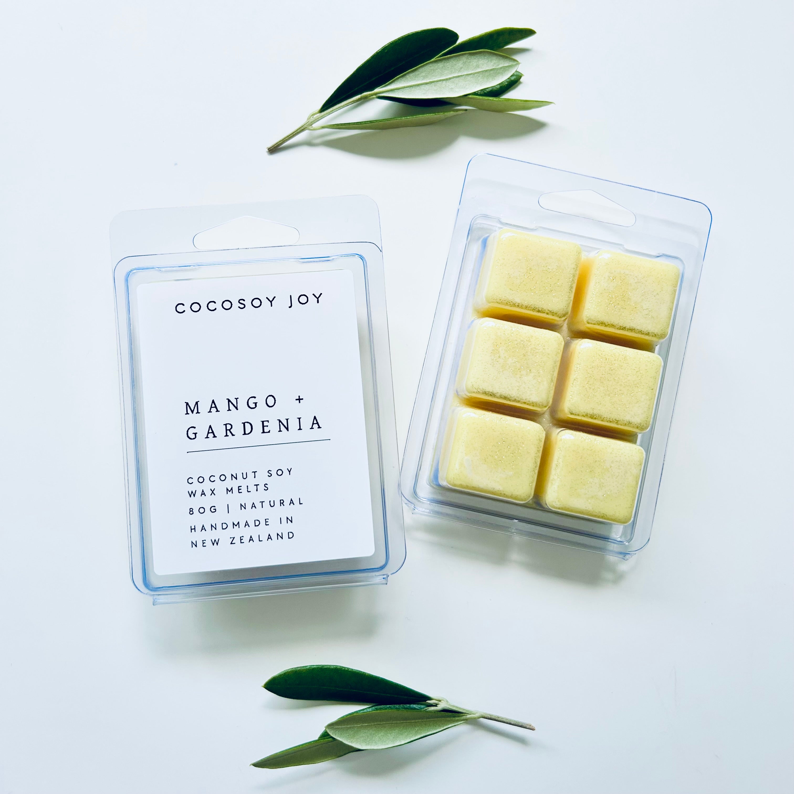 Mango and Gardenia Coconut Soy wax melts. Made from natural coconut and soy waxes and high-quality fragrance oils. Vegan, paraffin-free, and phthalate-free. A safer and cleaner way to make your home beautifully fragrant. Handmade in New Zealand. Available at Cocosoy Joy NZ.