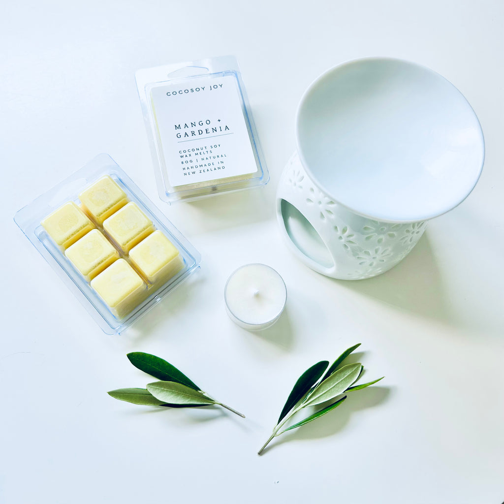 Mango and Gardenia Coconut Soy wax melts. Made from natural coconut and soy waxes and high-quality fragrance oils. Vegan, paraffin-free, and phthalate-free. A safer and cleaner way to make your home beautifully fragrant. Handmade in New Zealand. Available at Cocosoy Joy NZ.