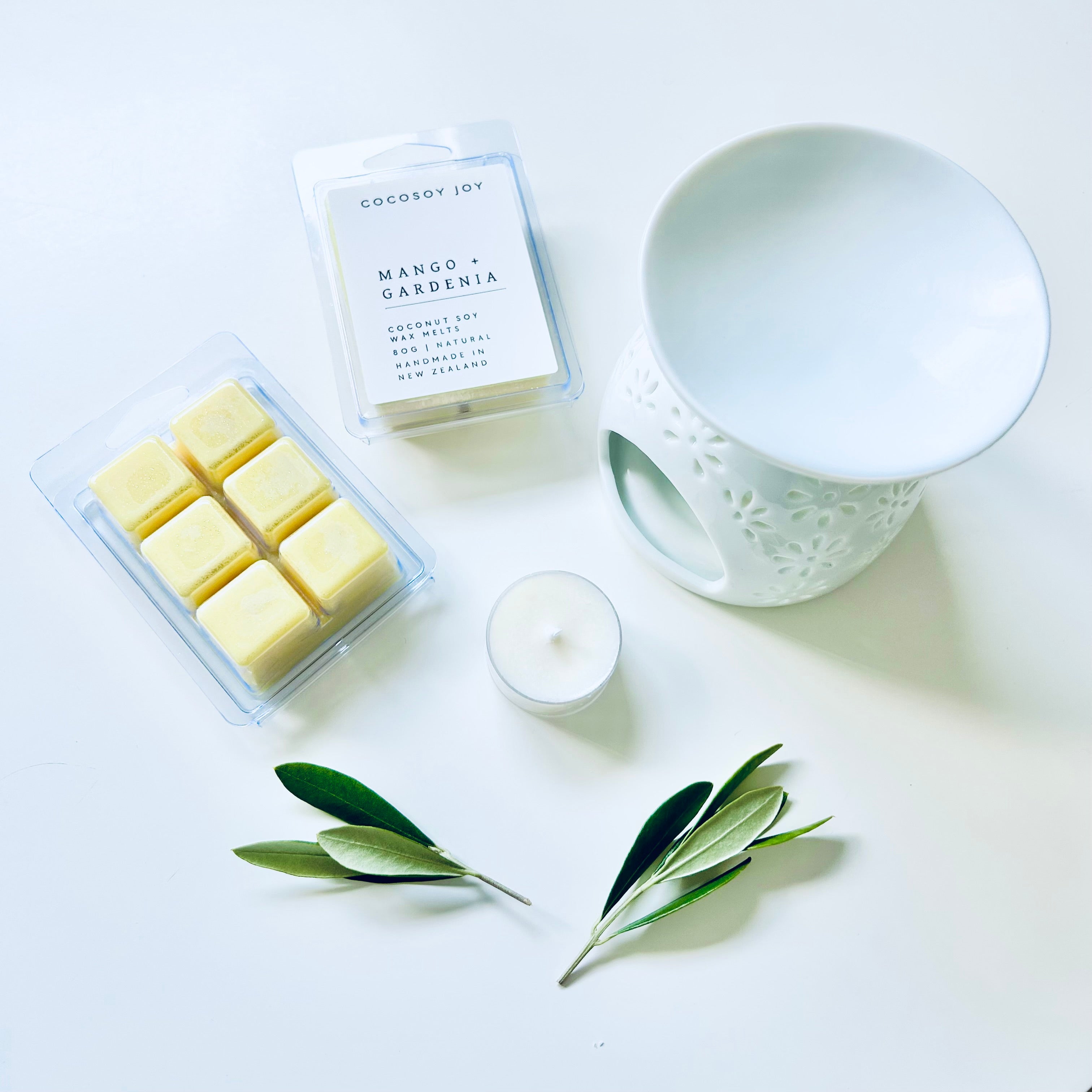 Mango and Gardenia Coconut Soy wax melts. Made from natural coconut and soy waxes and high-quality fragrance oils. Vegan, paraffin-free, and phthalate-free. A safer and cleaner way to make your home beautifully fragrant. Handmade in New Zealand. Available at Cocosoy Joy NZ.