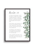 Christian art print in beautiful botanical design of eucalyptus leaves and small white flowers, featuring Psalm 23 "The LORD is my Shepherd". Made and printed in New Zealand. Exclusively available at Cocosoy Joy NZ. Perfect gift and home decor.