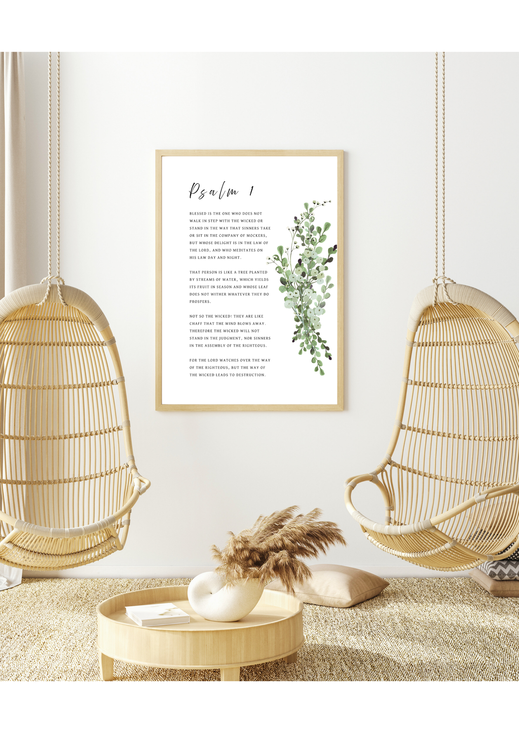 Christian giclee wall art print in beautiful botanical design of eucalyptus leaves bouquet, featuring Psalm 1. Made and printed in New Zealand. Exclusively available at Cocosoy Joy NZ. Perfect gift or home decor.