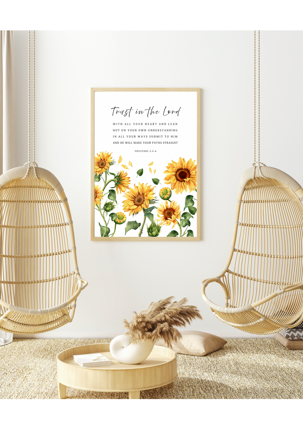 Beautiful Christian artwork in bright sunflower design with Proverbs 3:5-6 text, "Trust in the LORD with all your heart and lean not on your own understanding; in all your ways submit to Him, and He will make your paths straight". Made and printed in New Zealand. Available at Cocosoy Joy NZ. Perfect gift and home decor.