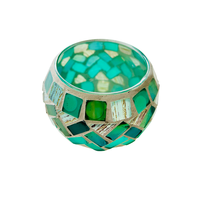 Handcrafted green mosaic tealight candle holder with shimmering glass tiles reflecting soft candlelight, creating a cozy and calming ambience for home décor. Available at Cocosoy Joy New Zealand.