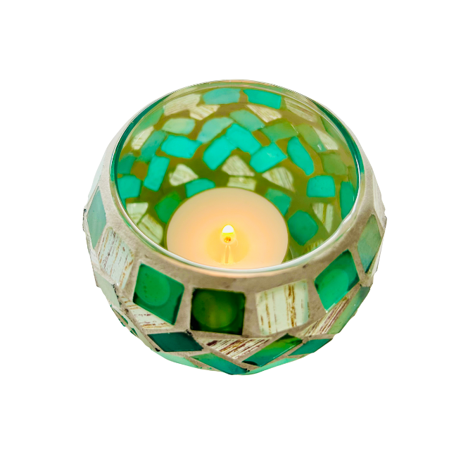 Handcrafted green mosaic tealight candle holder with shimmering glass tiles reflecting soft candlelight, creating a cozy and calming ambience for home décor. Available at Cocosoy Joy New Zealand.