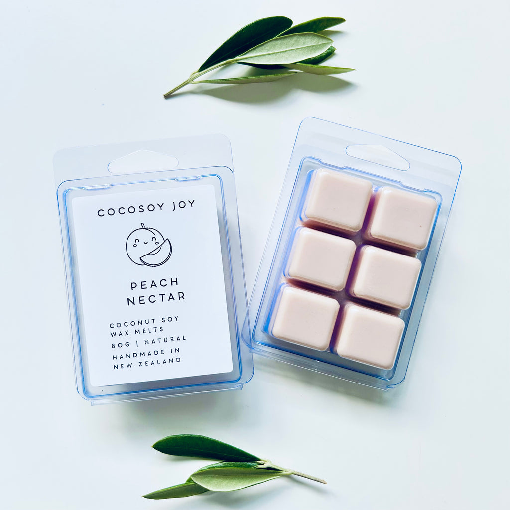 Peach Nectar Coconut Soy wax melts. Made from natural coconut and soy waxes and high-quality fragrance oils. Vegan, natural, paraffin-free, and phthalate-free. A safer and cleaner way to make your home beautifully fragrant. Handmade in New Zealand. Available at Cocosoy Joy NZ.