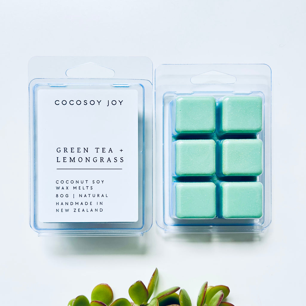 Green Tea and Lemongrass Coconut Soy wax melts. Made from natural coconut and soy waxes and high-quality fragrance oils. Vegan, paraffin-free, and phthalate-free. A safer and cleaner way to make your home beautifully fragrant. Handmade in New Zealand. Available at Cocosoy Joy NZ.