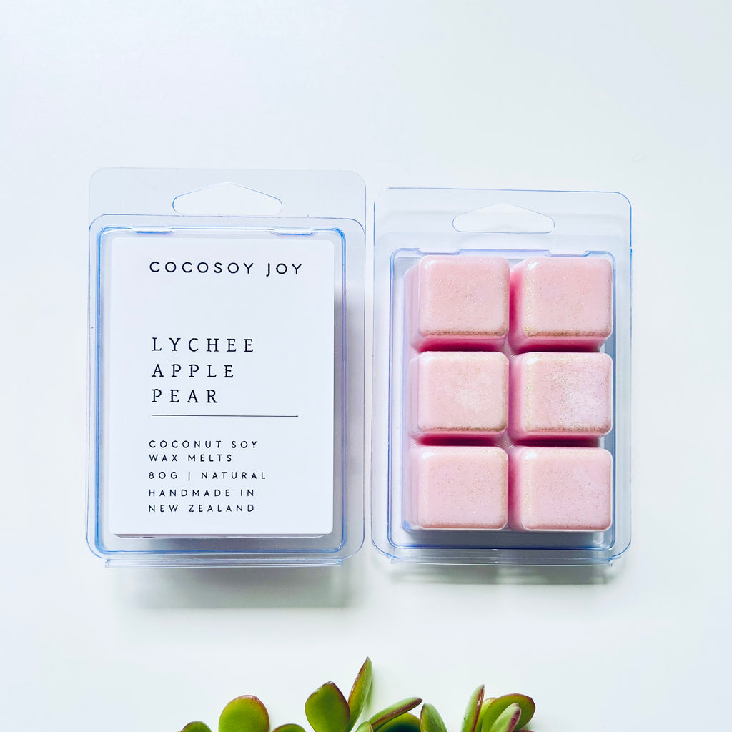 Lychee apple pear coconut soy wax melts. Made from natural, plant-based, and paraffin-free coconut and soy waxes. Safer and cleaner home fragrance. Handmade in New Zealand. Available at Cocosoy Joy NZ. Perfect for gifts or everyday home fragrance. 