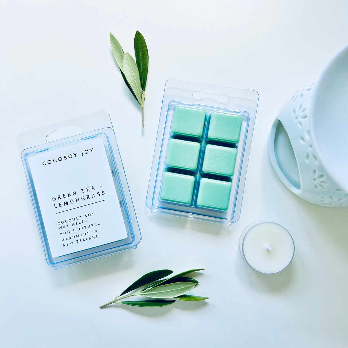 Green Tea and Lemongrass Coconut Soy wax melts. Made from natural coconut and soy waxes and high-quality fragrance oils. Vegan, paraffin-free, and phthalate-free. A safer and cleaner way to make your home beautifully fragrant. Handmade in New Zealand. Available at Cocosoy Joy NZ.