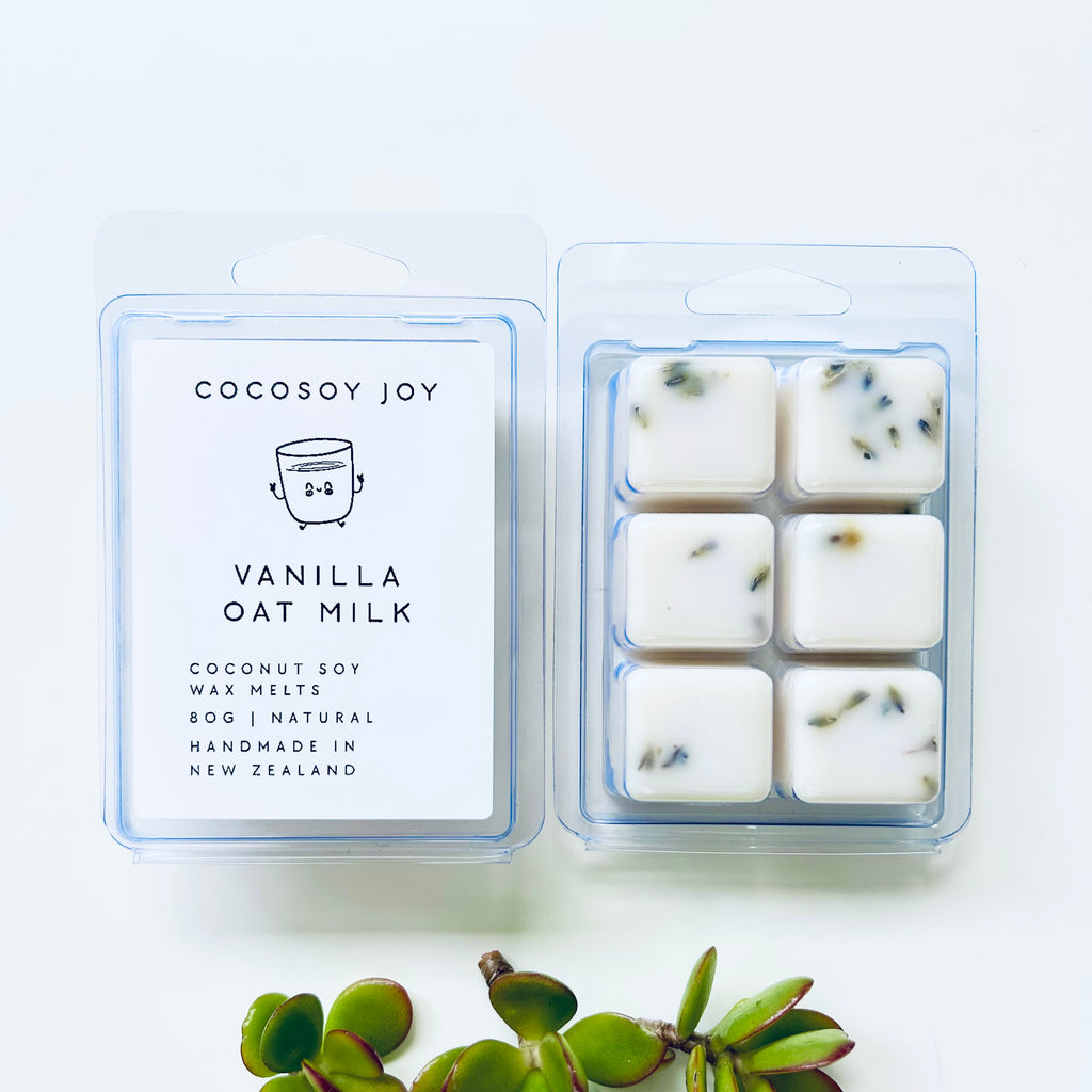 Vanilla Oat Milk Coconut Soy wax melts. Made from natural coconut and soy waxes and high-quality fragrance oils. Vegan, paraffin-free, and phthalate-free. A safer and cleaner way to make your home naturally fragrant. Handmade in New Zealand. Available at Cocosoy Joy NZ.