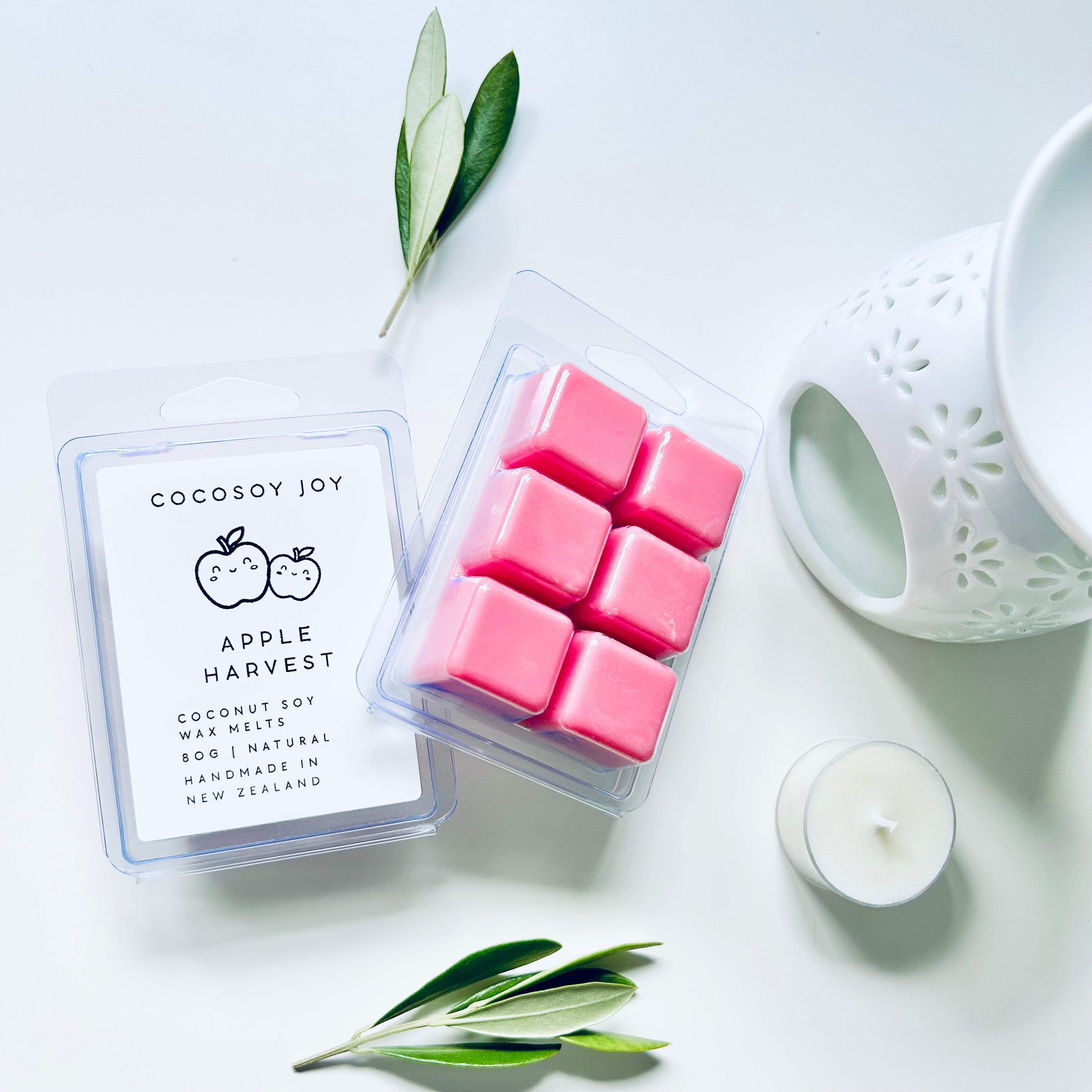 Apple Harvest Coconut Soy wax melts. Made from natural coconut and soy waxes and high-quality fragrance oils. Vegan, natural, paraffin-free, and phthalate-free. A safer and cleaner way to make your home beautifully fragrant. Handmade in New Zealand. Available at Cocosoy Joy NZ.