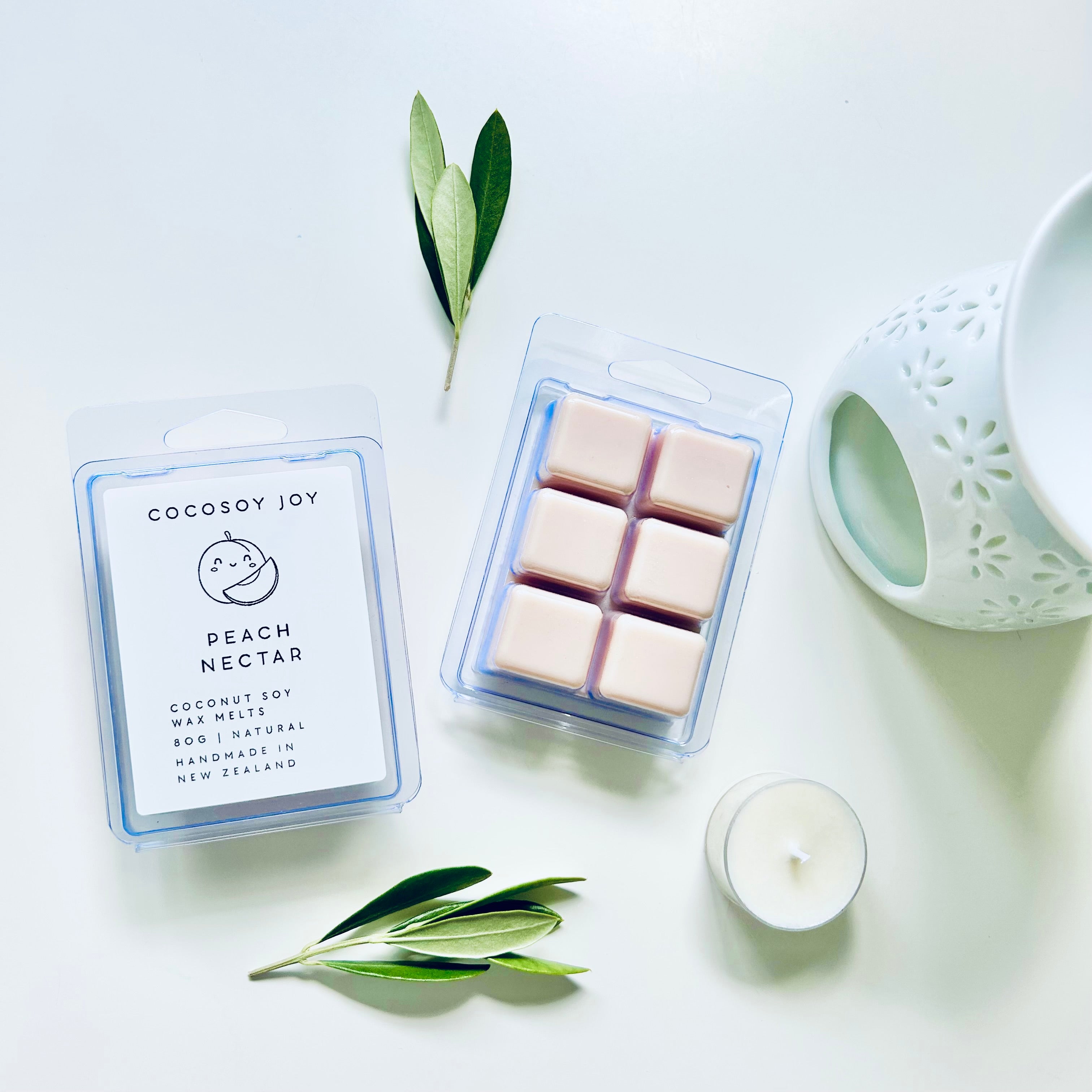 Peach Nectar Coconut Soy wax melts. Made from natural coconut and soy waxes and high-quality fragrance oils. Vegan, natural, paraffin-free, and phthalate-free. A safer and cleaner way to make your home beautifully fragrant. Handmade in New Zealand. Available at Cocosoy Joy NZ.