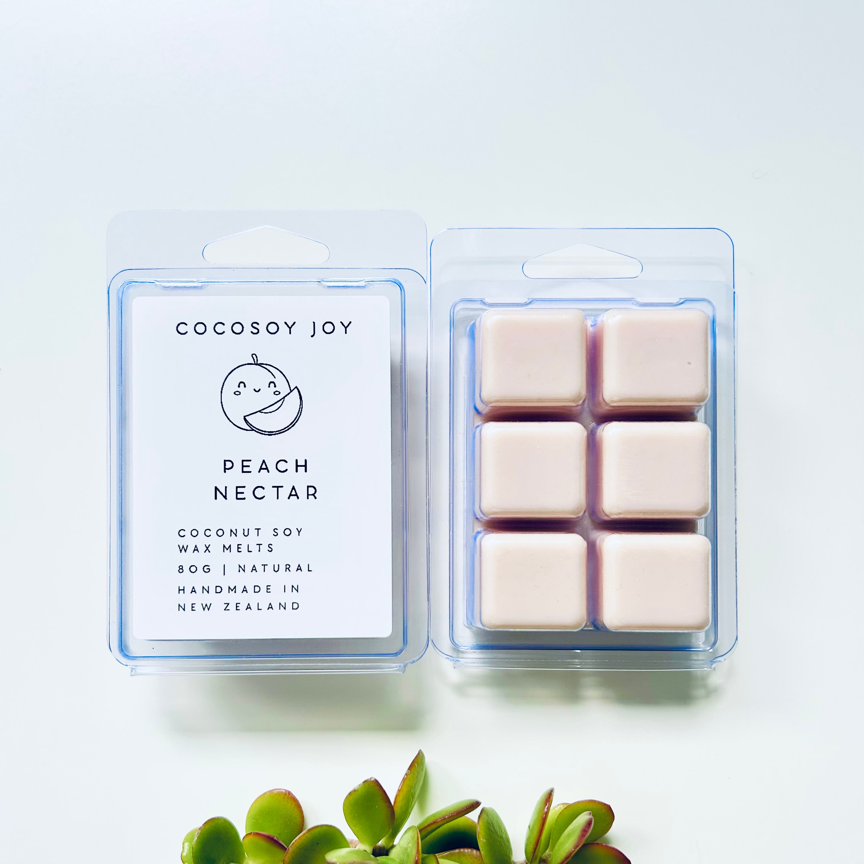 Peach Nectar Coconut Soy wax melts. Made from natural coconut and soy waxes and high-quality fragrance oils. Vegan, natural, paraffin-free, and phthalate-free. A safer and cleaner way to make your home beautifully fragrant. Handmade in New Zealand. Available at Cocosoy Joy NZ.