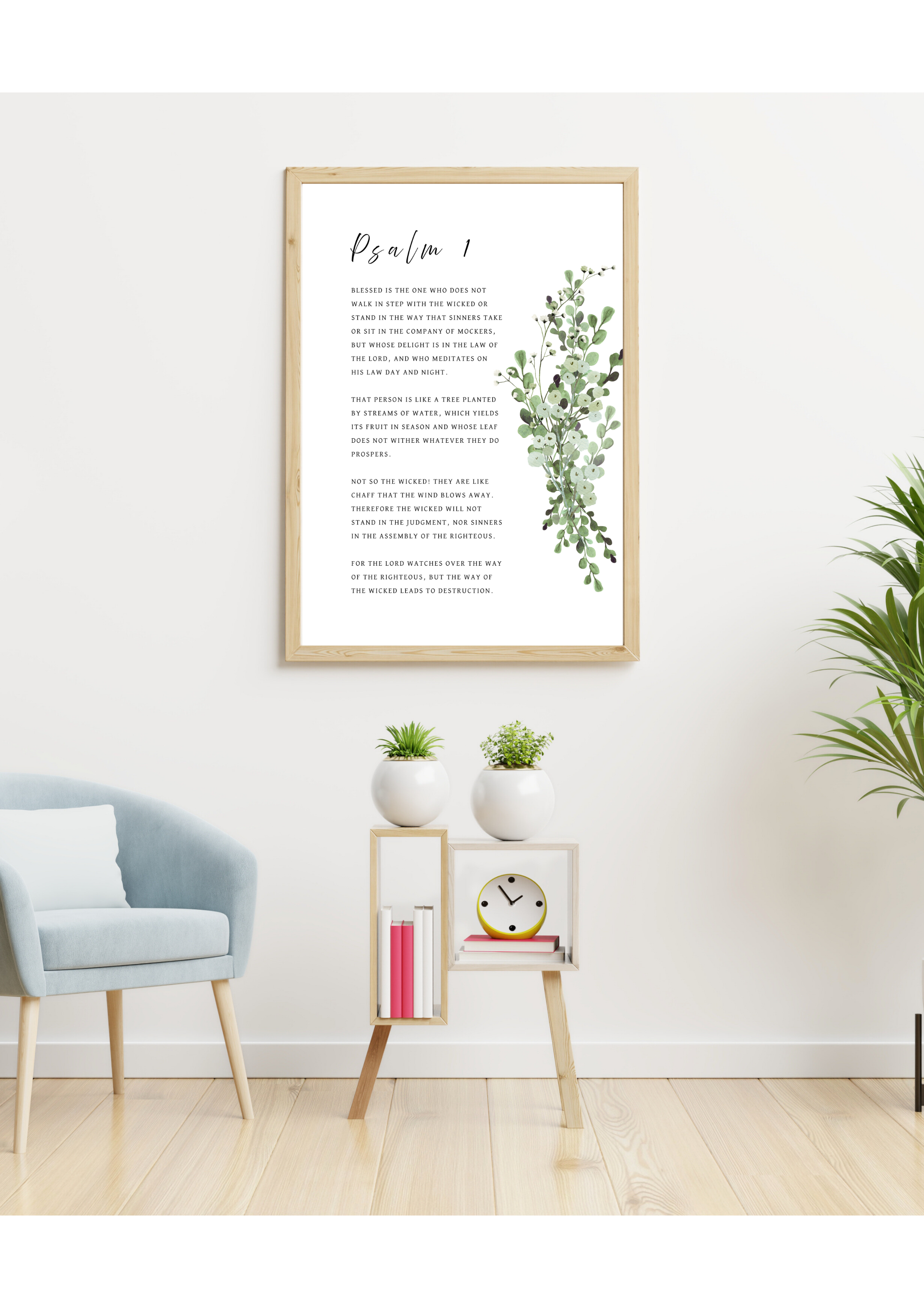 Christian giclee wall art print in beautiful botanical design of eucalyptus leaves bouquet, featuring Psalm 1. Made and printed in New Zealand. Exclusively available at Cocosoy Joy NZ. Perfect gift or home decor.