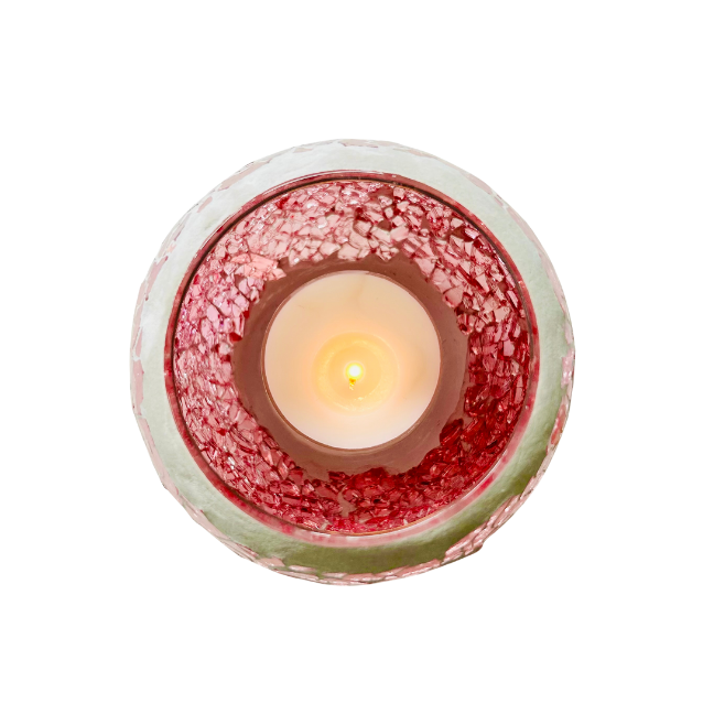 Handcrafted pink and silver mosaic tealight candle holder with shimmering glass tiles that reflect soft candlelight, creating a cozy, calming ambience for home décor. Available at Cocosoy Joy New Zealand.