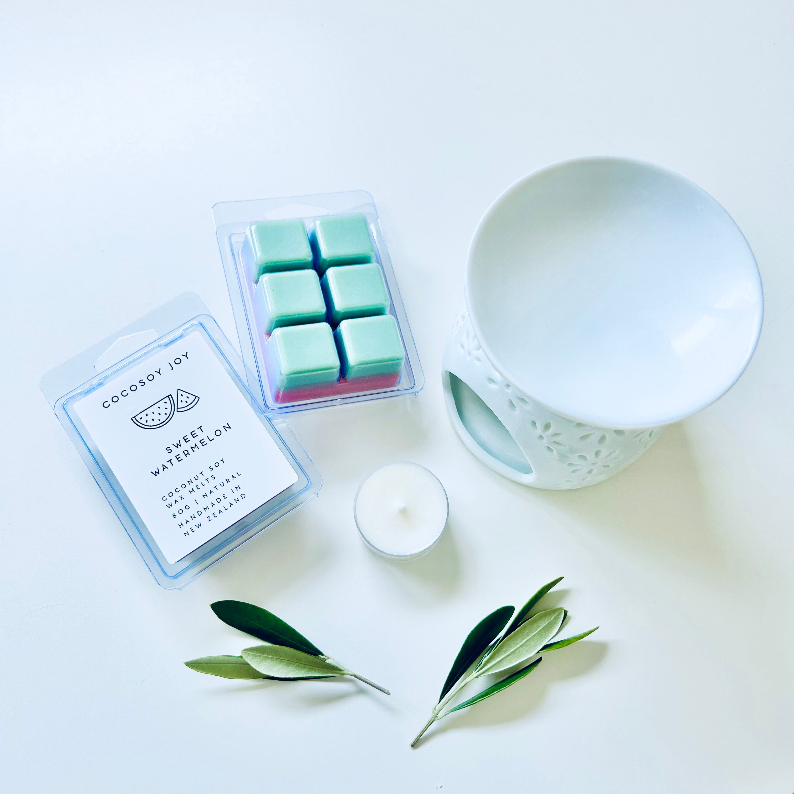 Sweet Watermelon Coconut Soy Wax Melts. Made from natural coconut and soy waxes - vegan, plant-based, and paraffin-free. Safer and cleaner home fragrance. Handmade in New Zealand. Available at Cocosoy Joy NZ.