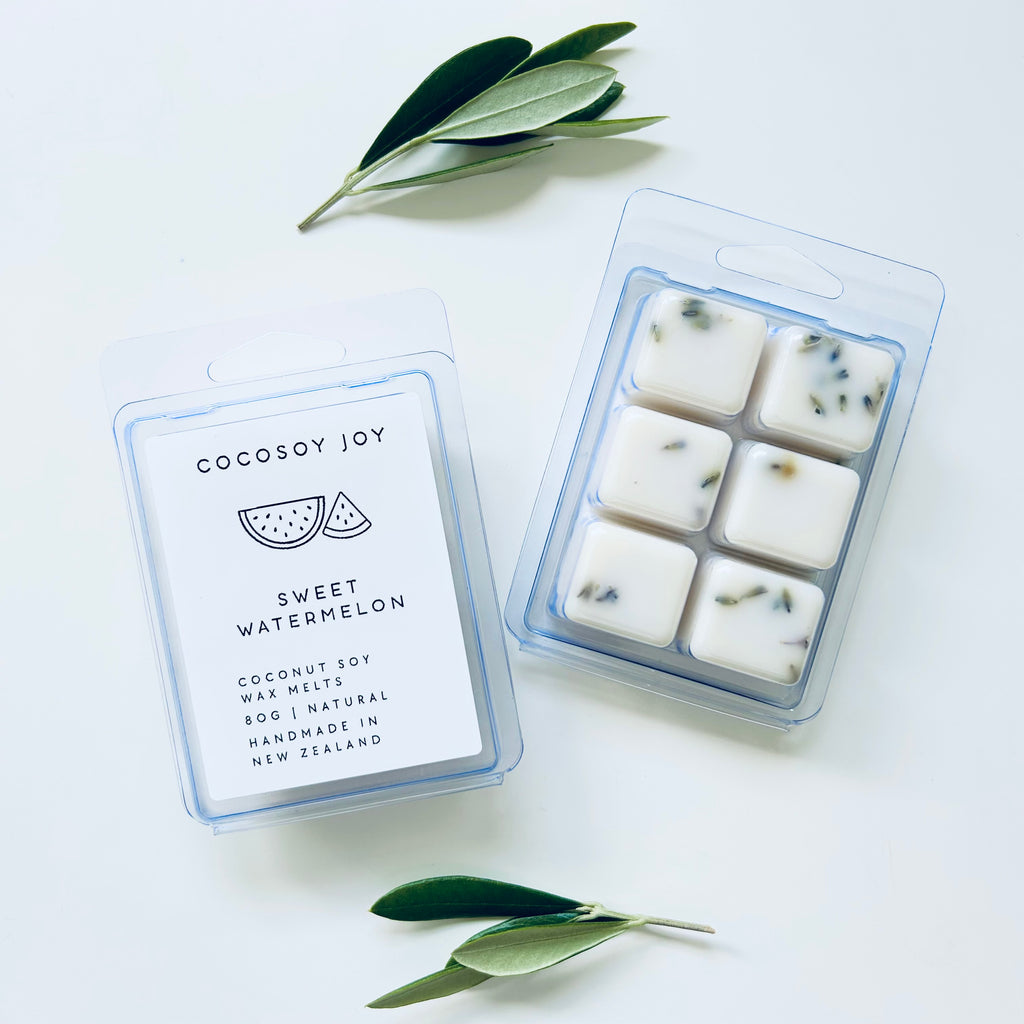 Botanical collection sweet watermelon coconut soy wax melts. Made from natural and plant-based coconut and soy waxes. Vegan and paraffin-free. Safer and cleaner home fragrance that lasts for several hours. Available at Cocosoy Joy NZ.