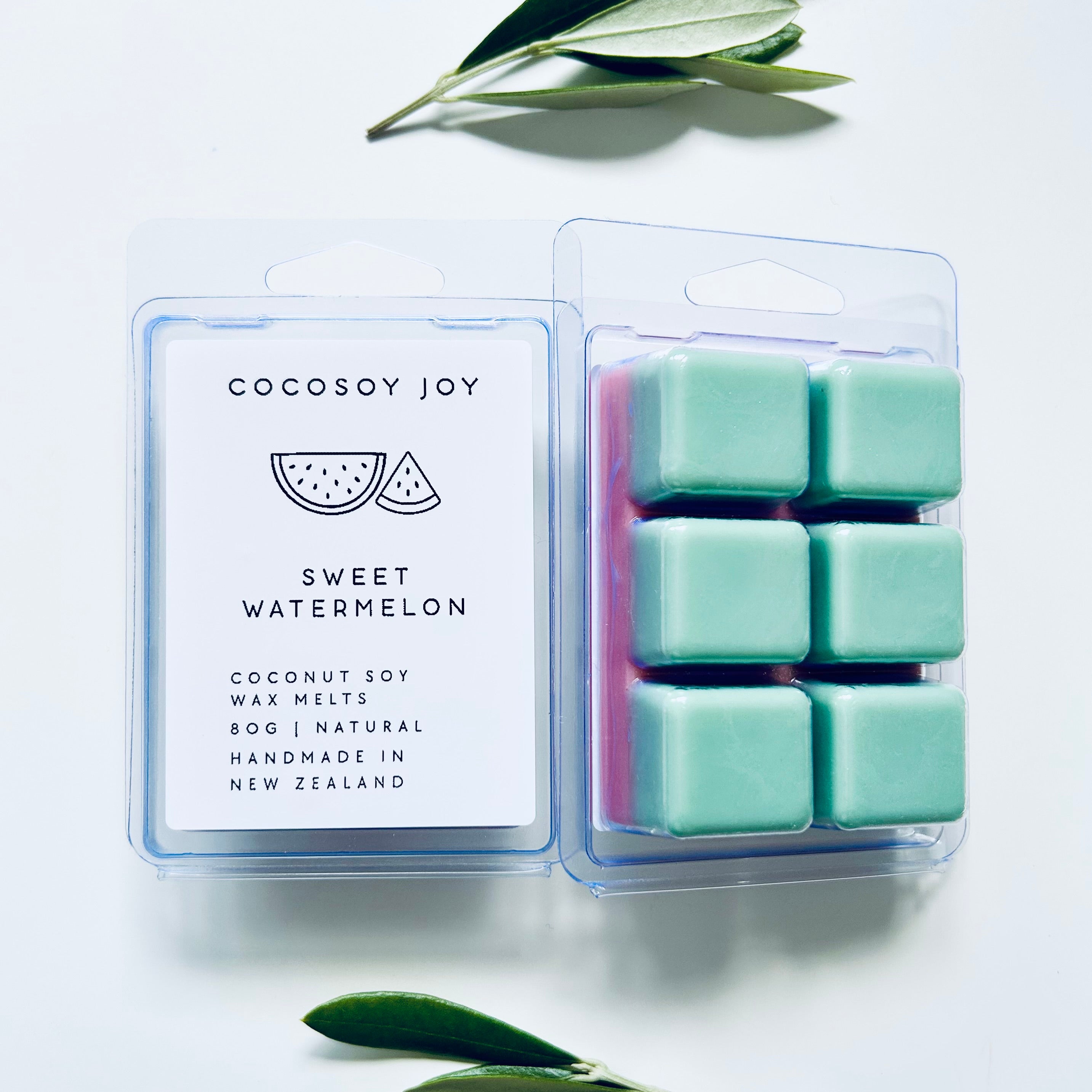 Sweet Watermelon Coconut Soy Wax Melts. Made from natural coconut and soy waxes - vegan, plant-based, and paraffin-free. Safer and cleaner home fragrance. Handmade in New Zealand. Available at Cocosoy Joy NZ.