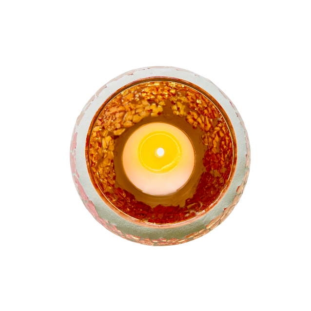 Handcrafted amber mosaic tealight candle holder with shimmering glass tiles that reflect soft candlelight, creating a cozy, calming ambience for home décor. Available at Cocosoy Joy New Zealand.