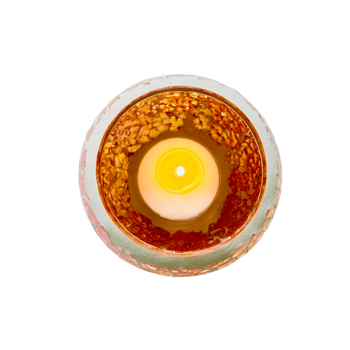 Handcrafted amber mosaic tealight candle holder with shimmering glass tiles that reflect soft candlelight, creating a cozy, calming ambience for home décor. Available at Cocosoy Joy New Zealand.