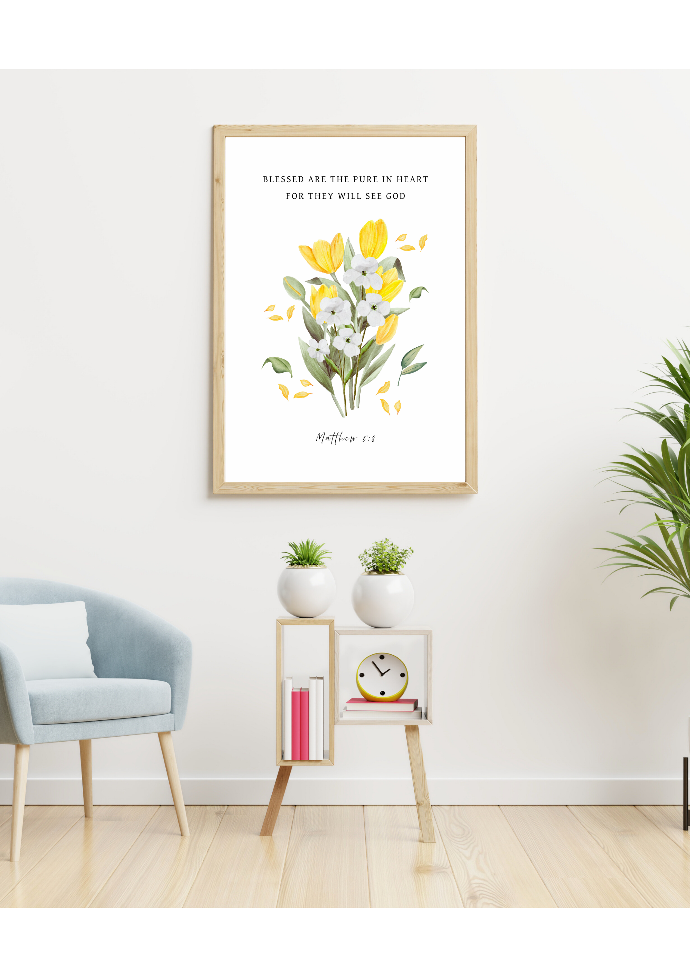 Christian art print in botanical design with yellow tulips and white flowers on a white background, featuring the Bible verse, Matthew 5:8, "Blessed are the pure in heart for they will see GOD". Made and printed in New Zealand. Available at Cocosoy Joy NZ. Perfect for gifts and home decor.