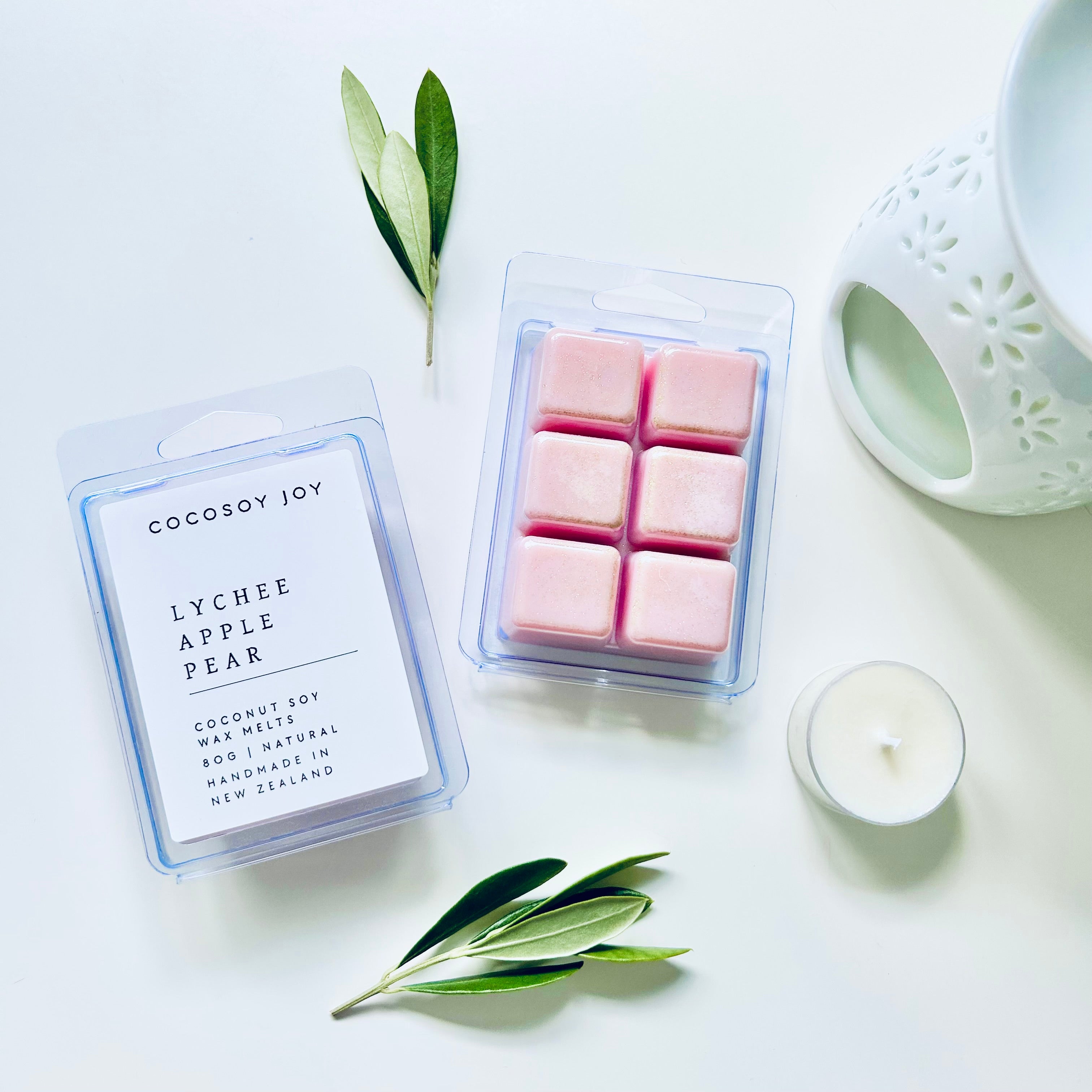 Lychee apple pear coconut soy wax melts. Made from natural, plant-based, and paraffin-free coconut and soy waxes. Safer and cleaner home fragrance. Handmade in New Zealand. Available at Cocosoy Joy NZ. Perfect for gifts or everyday home fragrance. 