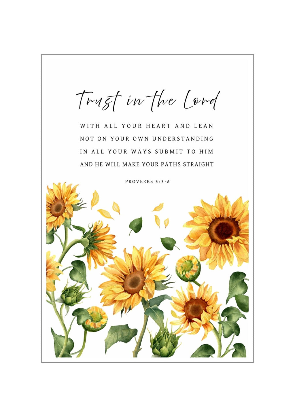 Beautiful Christian artwork in bright sunflower design with Proverbs 3:5-6 text, "Trust in the LORD with all your heart and lean not on your own understanding; in all your ways submit to Him, and He will make your paths straight", on a white background. Made and printed in New Zealand. Available at Cocosoy Joy NZ. Perfect gift and home decor.