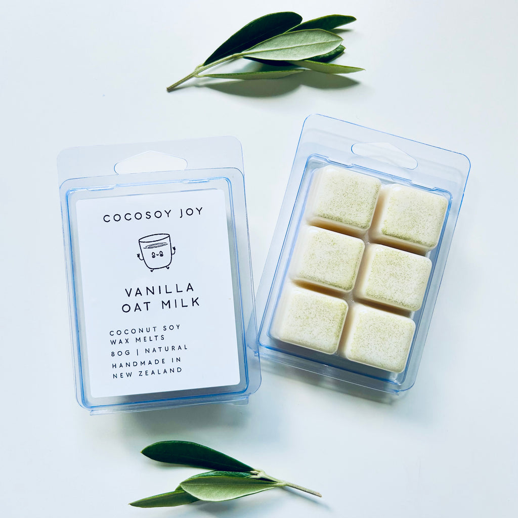Vanilla Oat Milk Coconut Soy wax melts. Made from natural coconut and soy waxes and high-quality fragrance oils. Vegan, natural, paraffin-free, and phthalate-free. A safer and cleaner way to make your home beautifully fragrant. Handmade in New Zealand. Available at Cocosoy Joy NZ.
